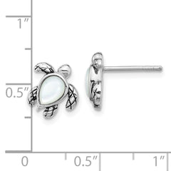 Sterling Silver Rhodium-plated Polished and Antiqued Mother of Pearl June Birthstone Turtle Earrings