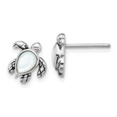 Sterling Silver Rhodium-plated Polished and Antiqued Mother of Pearl June Birthstone Turtle Earrings
