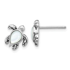 Sterling Silver Rhodium-plated Polished and Antiqued Mother of Pearl June Birthstone Turtle Earrings