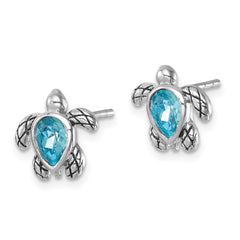 Sterling Silver Rhodium-plated Polished and Antiqued Blue Crystal March Turtle Post Earrings