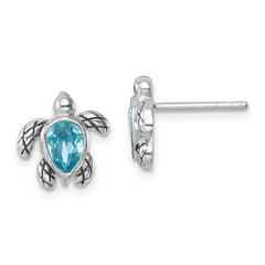 Sterling Silver Rhodium-plated Polished and Antiqued Blue Crystal March Turtle Post Earrings