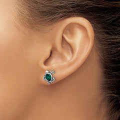 Sterling Silver Rhodium-plated Polished and Antiqued Green Crystal May Birthstone Turtle Earrings