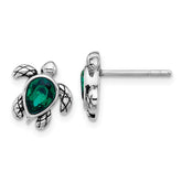 Sterling Silver Rhodium-plated Polished and Antiqued Green Crystal May Birthstone Turtle Earrings