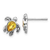 Sterling Silver Rhodium-plated Polished and Antiqued Yellow Crystal November Birthstone Turtle Earrings