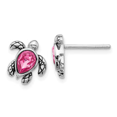 Sterling Silver Rhodium-plated Polished and Antiqued Pink Crystal October Birthstone Turtle Earrings