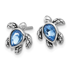 Sterling Silver Rhodium-plated Polished Antiqued Blue Crystal September Birthstone Turtle Earrings