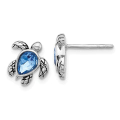 Sterling Silver Rhodium-plated Polished Antiqued Blue Crystal September Birthstone Turtle Earrings