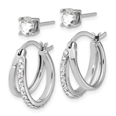Sterling Silver Platinum Flash-plated Polished White Crystal Post and Hoop Earring Set