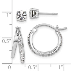 Sterling Silver Platinum Flash-plated Polished White Crystal Post and Hoop Earring Set
