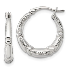 Sterling Silver Polished Beaded and Grooved Round Hollow Hoop Earrings