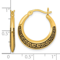 Sterling Silver Gold-tone Polished and Black Enameled Greek Key Round Graduated Hollow Hoop Earrings