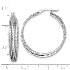 Sterling Silver Rhodium-plated Textured 31.0mm Crisscross Round Hoop Earrings