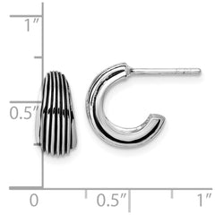 Sterling Silver Rhodium-plated Antiqued Grooved Graduated J-Hoop Post Earrings