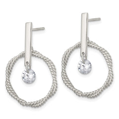 Sterling Silver Polished Twisted Circle with Moveable White CZ Dangle Post Earrings