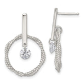 Sterling Silver Polished Twisted Circle with Moveable White CZ Dangle Post Earrings