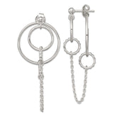 Sterling Silver Polished and Textured Multi Circle and Chain Dangle Post Earrings