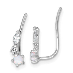 Sterling Silver Rhodium-plated Polished CZ and Lab Created Opal Ear Climber Earrings