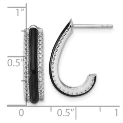 Sterling Silver Rhodium-plated CZ with Black Enamel J-Hoop Post Earrings