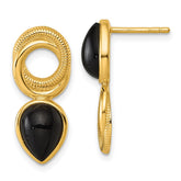 Sterling Silver Gold-tone Polished Black Agate Teardrop and Circle Mis-Matched Post Earrings
