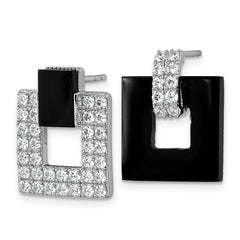 Sterling Silver Rhodium-plated Polished CZ and Black Agate Square Dangle Mis-Matched Post Earrings