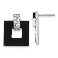 Sterling Silver Rhodium-plated Polished CZ and Black Agate Square Dangle Mis-Matched Post Earrings