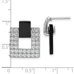 Sterling Silver Rhodium-plated Polished CZ and Black Agate Square Dangle Mis-Matched Post Earrings