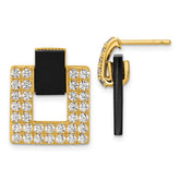 Sterling Silver Gold-tone Polished CZ and Black Agate Square Dangle Mis-Matched Post Earrings