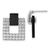 Sterling Silver Rhodium-plated Polished CZ and Black Agate Square Dangle Mis-Matched Post Earrings