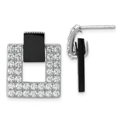 Sterling Silver Rhodium-plated Polished CZ and Black Agate Square Dangle Mis-Matched Post Earrings