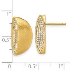 Sterling Silver Gold-tone Polished and Brushed Pave CZ Half Circle Post Earrings