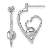Sterling Silver Rhodium-plated CZ Polished Heart and Bead Post Earrings