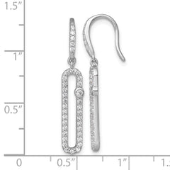 Sterling Silver Rhodium-plated Polished CZ Elongated Link Dangle Shepherd Hook Earrings