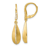 Sterling Silver Gold-tone Polished and Brushed CZ Teardrop Leverback Dangle Earrings