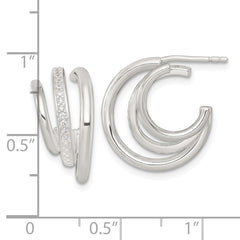 Sterling Silver Polished CZ 3-Row C-Hoop Post Earrings