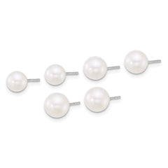 Sterling Silver Rhodium-plated 5-6mm/6-7mm/7-8mm Round White Freshwater Cultured Pearl Post Earring Set