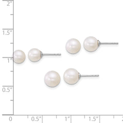 Sterling Silver Rhodium-plated 5-6mm/6-7mm/7-8mm Round White Freshwater Cultured Pearl Post Earring Set