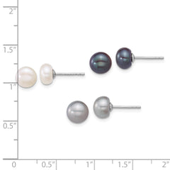Sterling Silver Rhodium-plated 7-8mm Button White/Grey/Black Freshwater Cultured Pearl 3-Pair Boxed Post Earring Set