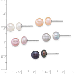 Sterling Silver Rhodium-plated 7-8mm Button White/Pink/Peach/Grey/Black Freshwater Cultured Pearl 5-Pair Boxed Earring Set