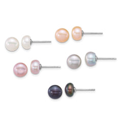 Sterling Silver Rhodium-plated 7-8mm Button White/Pink/Peach/Grey/Black Freshwater Cultured Pearl 5-Pair Boxed Earring Set