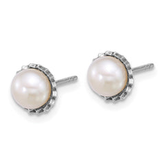 Sterling Silver Rhodium-plated 6-7mm Button White Freshwater Cultured Pearl Zig-Zag Edge Post Earrings