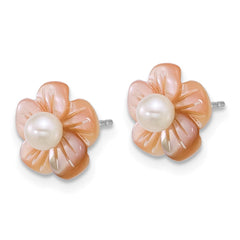 Sterling Silver Rhodium-plated 3-4mm White Round Freshwater Cultured Pearl and Pink Mother of Pearl Flower Post Earrings
