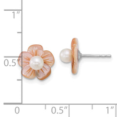 Sterling Silver Rhodium-plated 3-4mm White Round Freshwater Cultured Pearl and Pink Mother of Pearl Flower Post Earrings