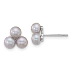 Sterling Silver Rhodium-plated 5-6mm Button Grey Freshwater Cultured 3-Pearl Post Earrings