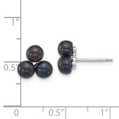 Sterling Silver Rhodium-plated 5-6mm Button Black Freshwater Cultured 3-Pearl Post Earrings