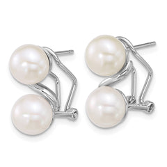 Sterling Silver Rhodium-plated 7-8mm Button White Freshwater Cultured 2-Pearl Omega Back Earrings