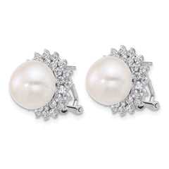Sterling Silver Rhodium-plated 11-12mm Button White Freshwater Cultured Pearl and CZ Halo Omega Back Earrings