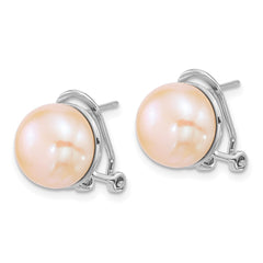 Sterling Silver Rhodium-plated 11-12mm Button Pink Freshwater Cultured Pearl Omega Back Earrings