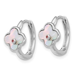 Sterling Silver Rhodium-plated Mother of Pearl and Pink CZ Flower Hinged Hoop Earrings