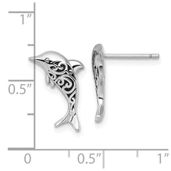 Sterling Silver Rhodium-plated Polished and Oxidized Filigree Dolphin Post Earrings