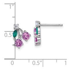 Sterling Silver Rhodium-plated CZ and Lab Created Corundum and Green Glass Cherry Post Earrings